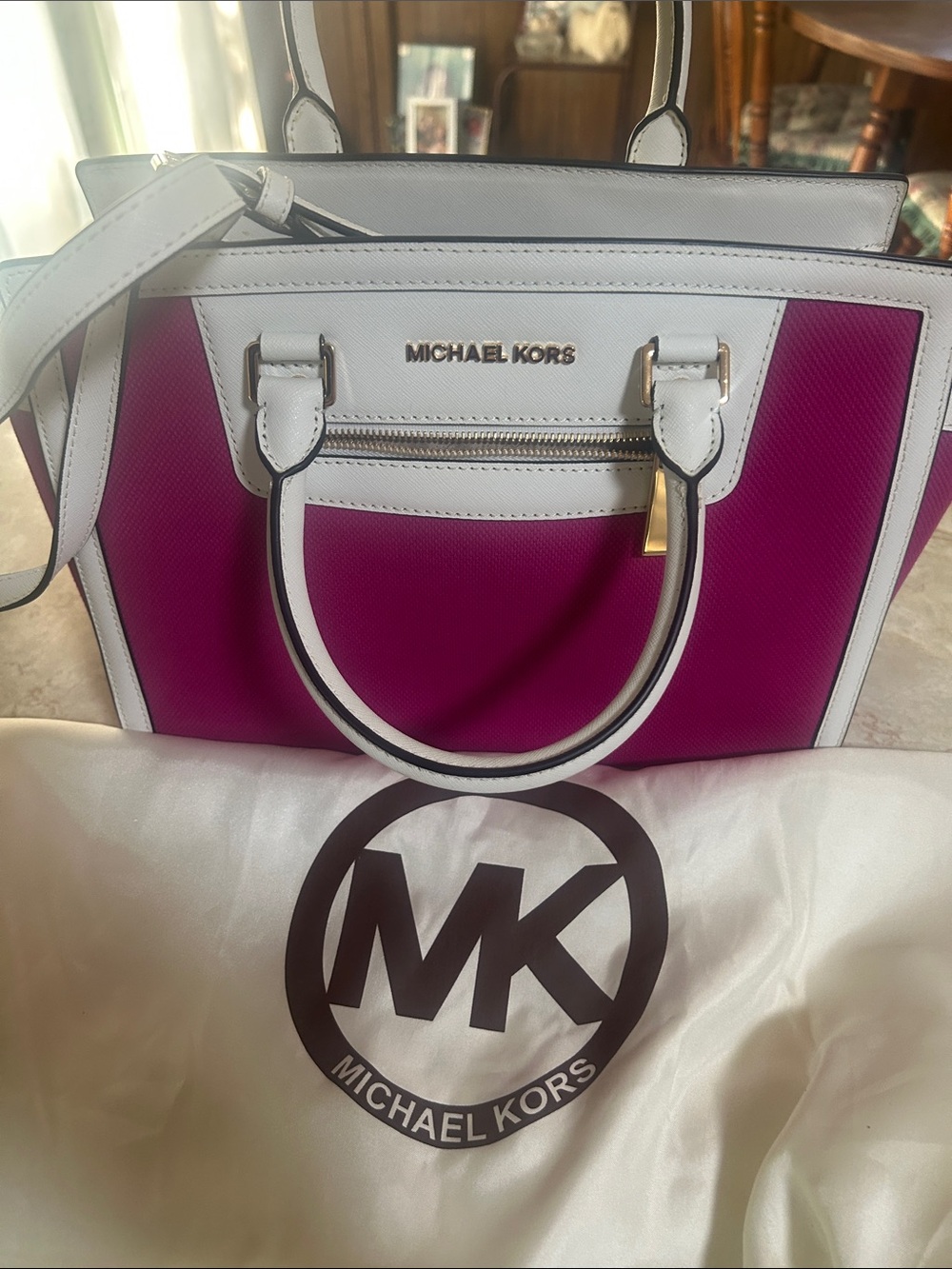 MICHAEL Michael Kors Fuchsia and White Leather Trim Satchel with Gold Hardware